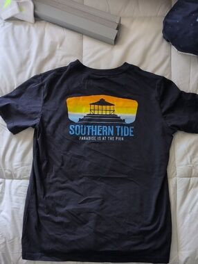 Southern Tide Black Tee with Yellow-Orange-Blue Pier Graphic